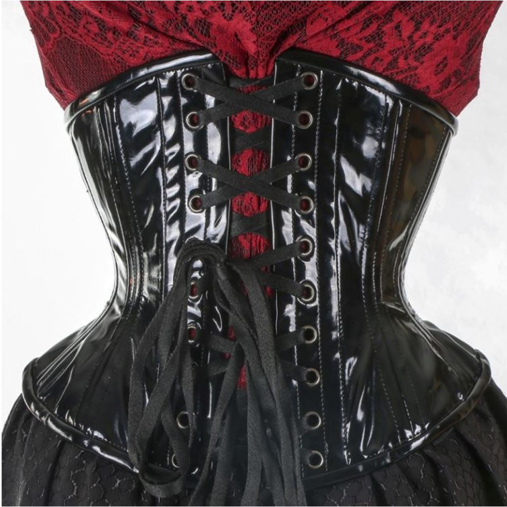 Shiny Black PVC Waist Trainer Corset | Steel Boned Fetish Cincher with Wet-Look Finish