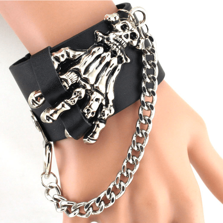 Aroncent 3 Piece Set Spike Studded Rivet Punk Rock Biker Leather Bracelets with Wide Straps and Adjustable Chain Wristbands - Alternative Gothic Dark Wear | Embrace Dark Aesthetic Men & Women Gothic Clothing