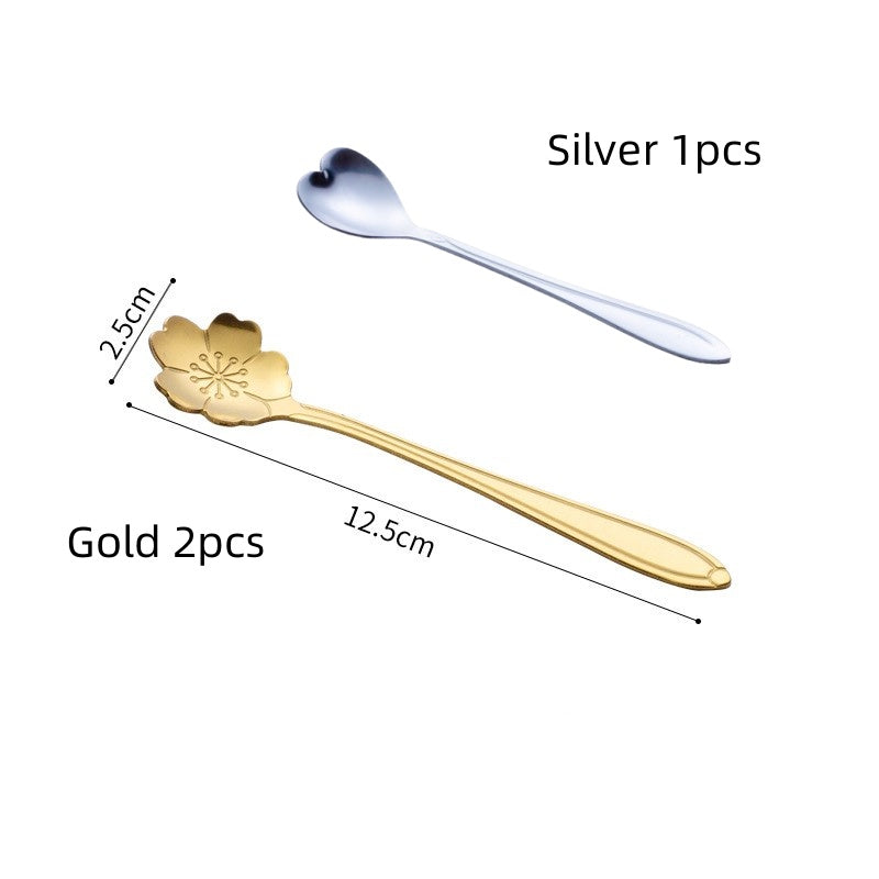 Stainless Steel Korean Spoon Long Handle Cherry Blossom Stirring