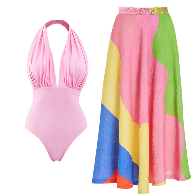 One Piece Swimsuit Deep V Halter Backless
