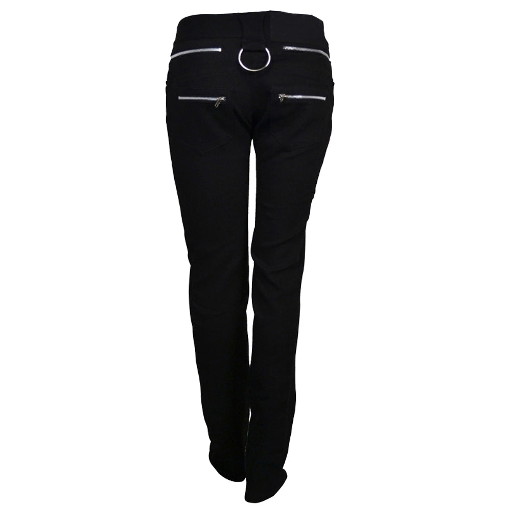 Women Elastic Skinny Goth Pants | Black Zipper Detail Trousers with Metal Ring Accent