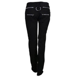 Women Elastic Skinny Goth Pants | Black Zipper Detail Trousers with Metal Ring Accent
