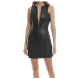Women Genuine Leather Sexy Black Zip Front Dress | Quilted Leather Mini Sleeveless Dress