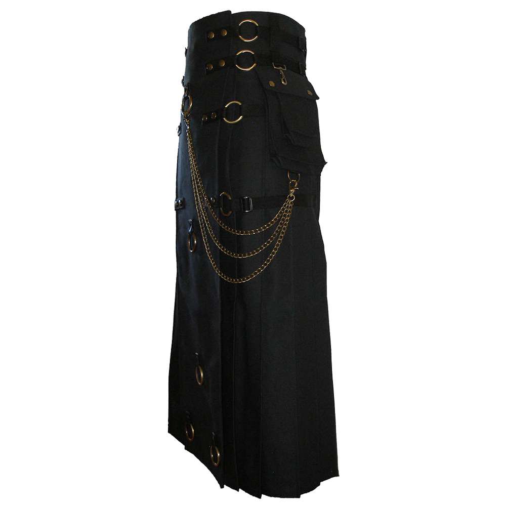 Long Black Gothic Cotton Utility Kilt | Steampunk Design with Leather Straps & Chains
