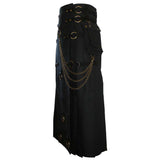 Long Black Gothic Cotton Utility Kilt | Steampunk Design with Leather Straps & Chains