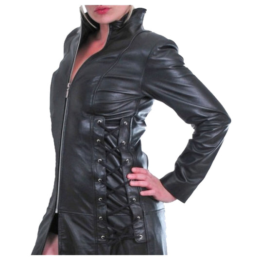 Women Long Black Military Trench Coat | Genuine Leather Gothic Outerwear