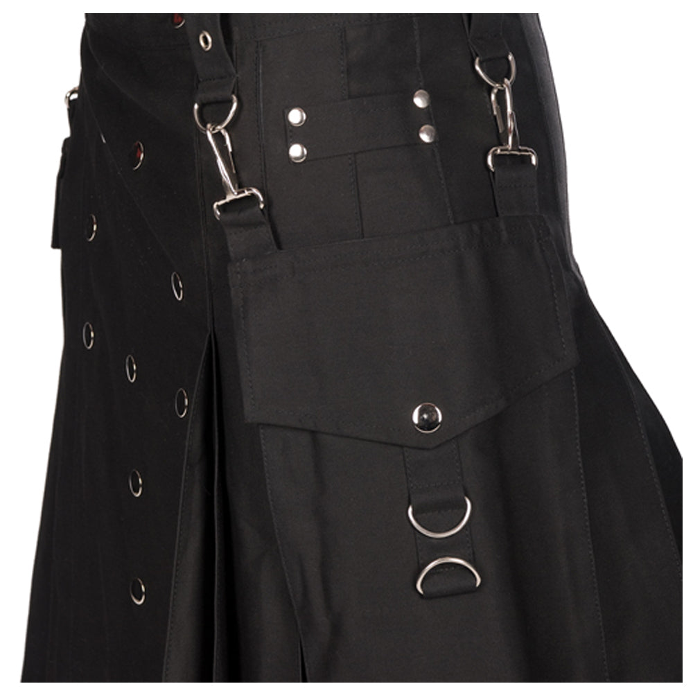 Men Union Pistol Snap Kilt | Black Cotton Punk Rock Skirt with Removable Festival Pockets
