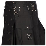 Men Union Pistol Snap Kilt | Black Cotton Punk Rock Skirt with Removable Festival Pockets