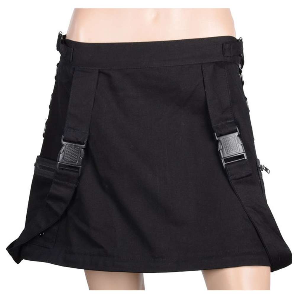 Track Buckle Convertible Skirt | Gothic Black Cotton Skirt with Adjustable Fit