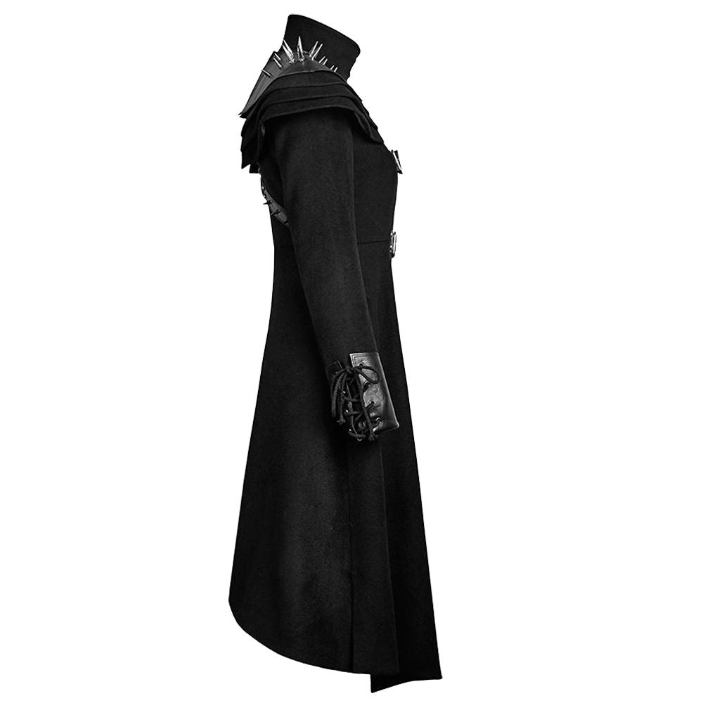 Women Gothic Long Black Coat with Spiked Shoulders | Steampunk Punk Rivet Trench Coat