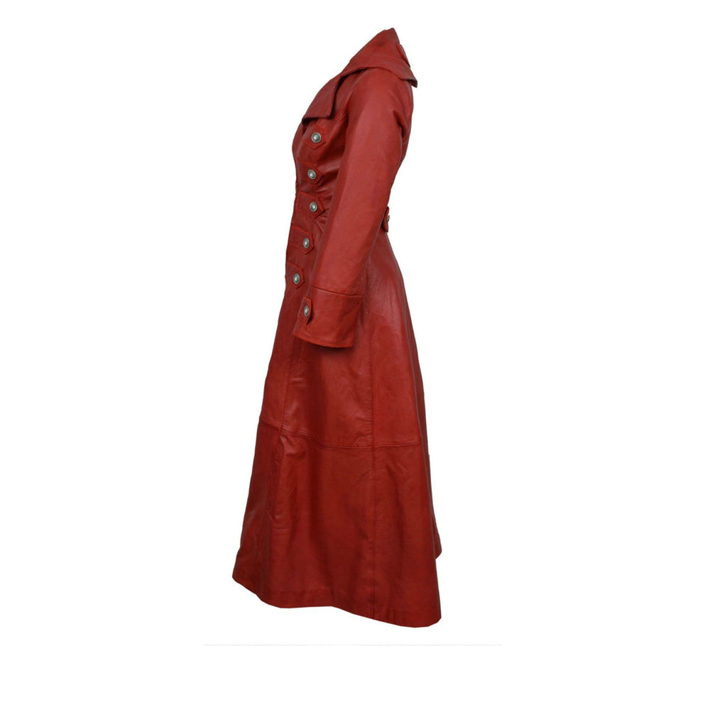Women Red Leather Military Trench Coat | Real Gothic Full-Length Outerwear