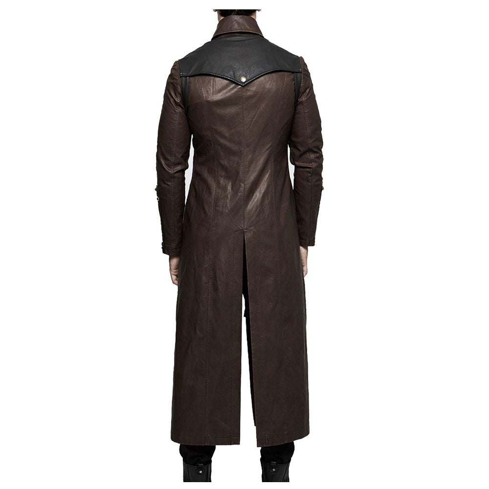Men Long Black Gothic Coat | Faux Leather Steampunk Rock Trench with Straps & Zipper