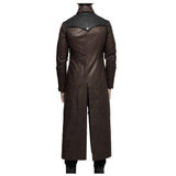 Men Long Black Gothic Coat | Faux Leather Steampunk Rock Trench with Straps & Zipper