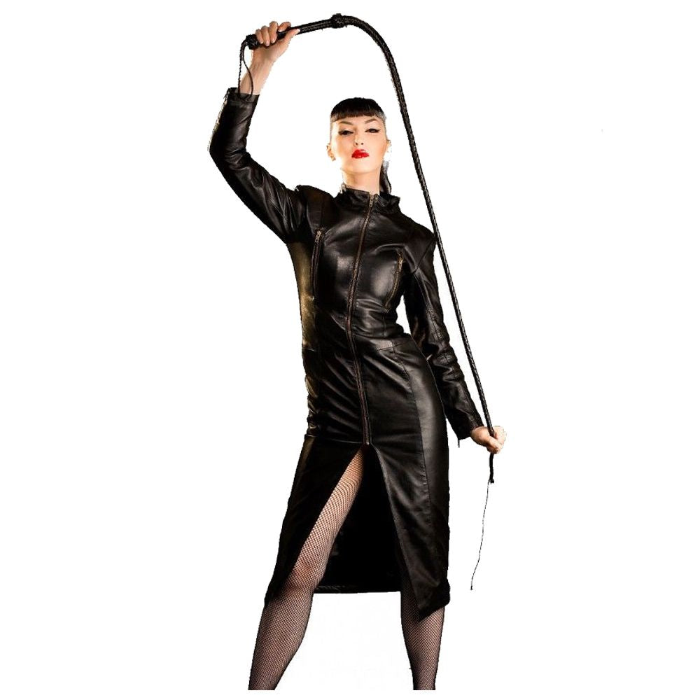 Gothic Dark Wear Women's Real Leather Fetish Gothic Coat | Sexy Bust-Up Zipper Dress Style Coat