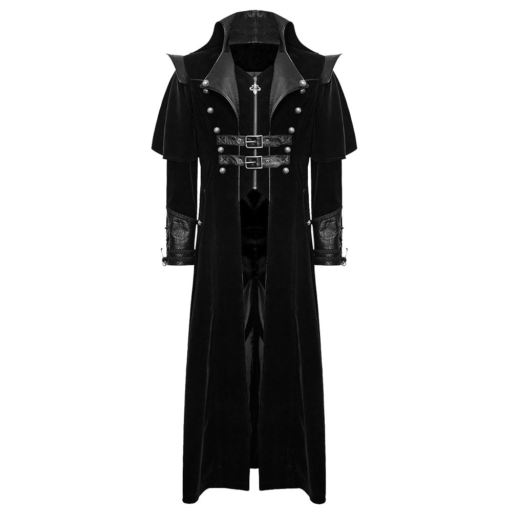 Men Gothic Steampunk VTG Highwayman Long Coat | Black Twill Trench with Faux Leather Cape & Straps