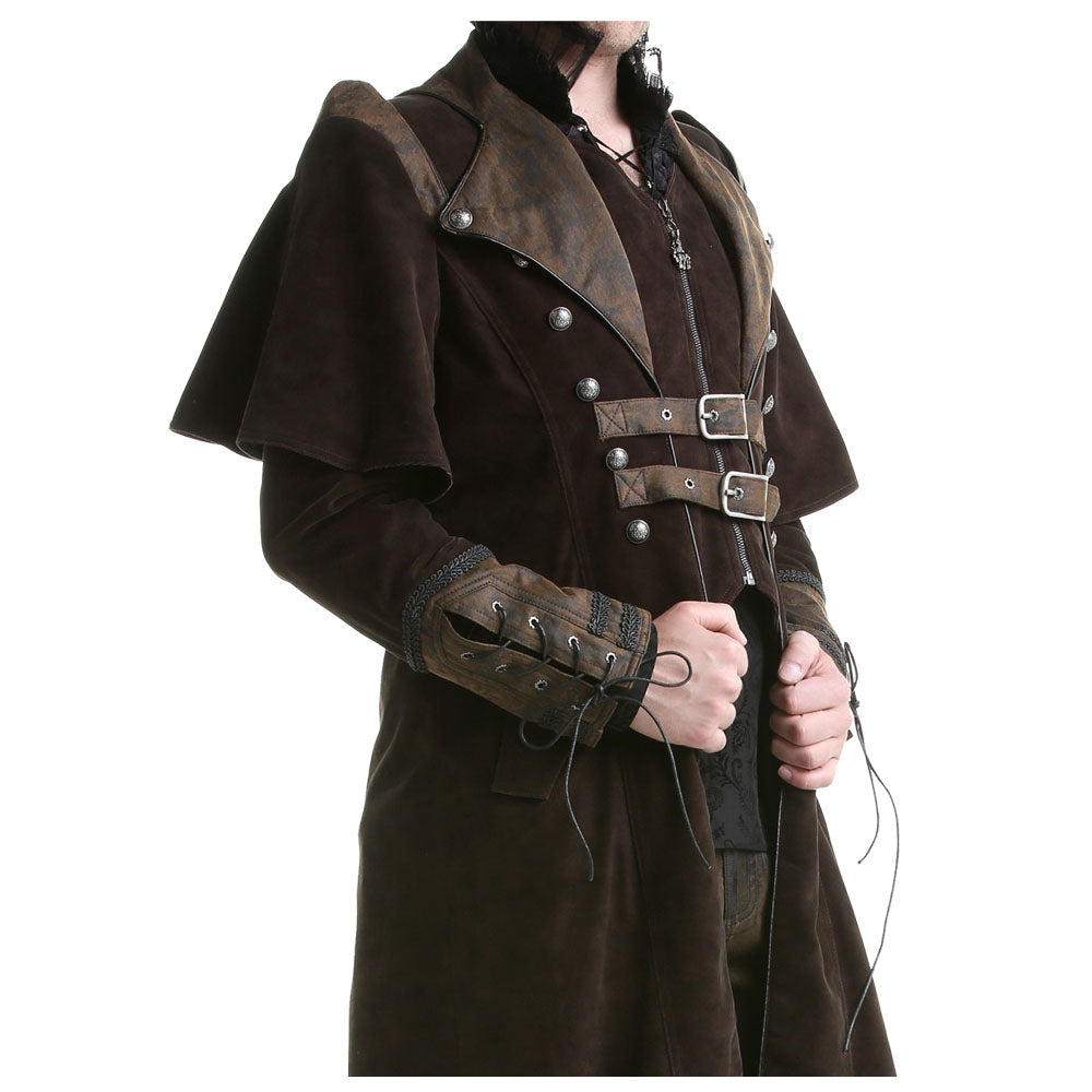 Men Steampunk Brown Velvet Coat | VTG Regency Highwayman Full-Length Frock with Faux Leather Details