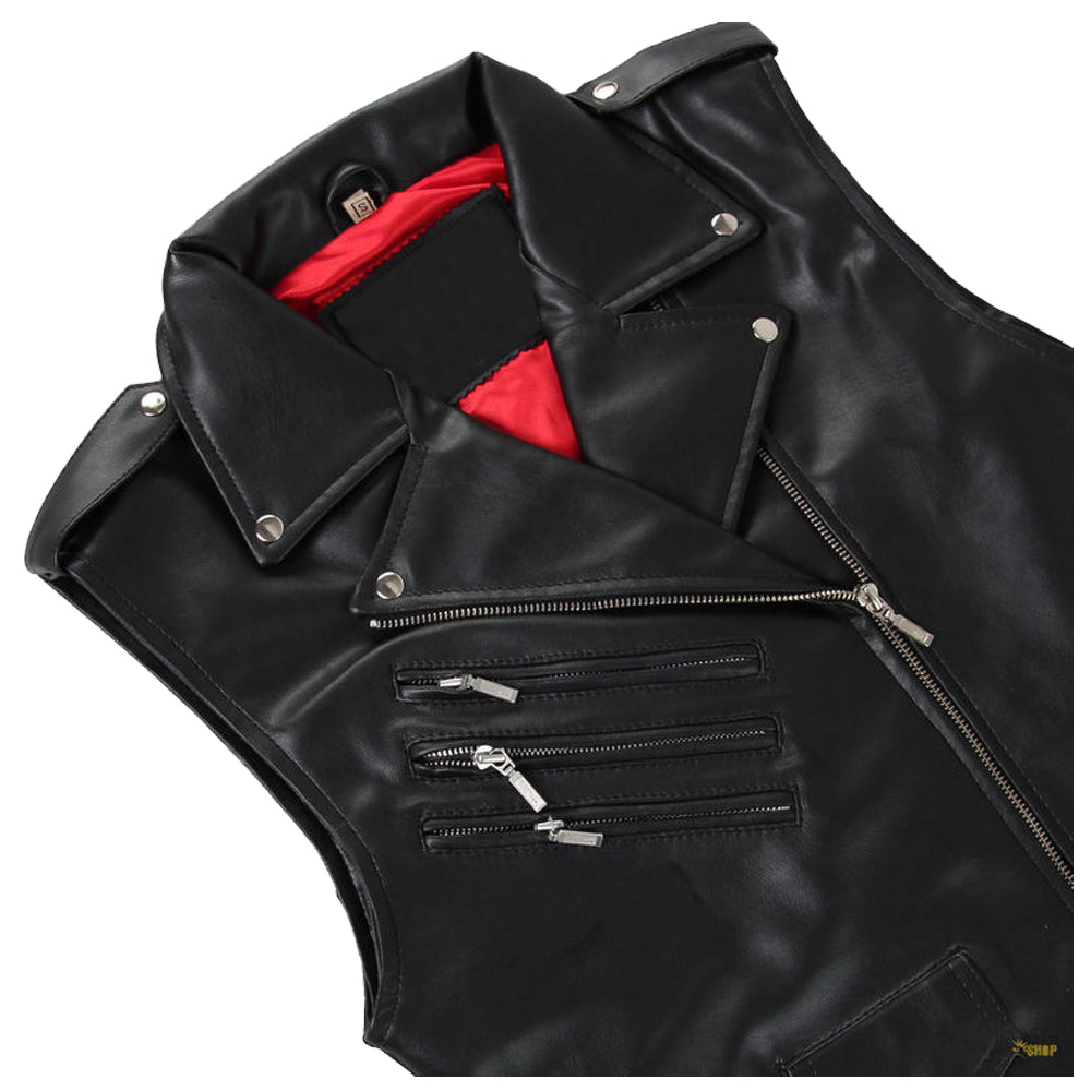 Unisex Brando Biker PU Vest | Gothic Punk Motorcycle Waistcoat with Blood Red Lining