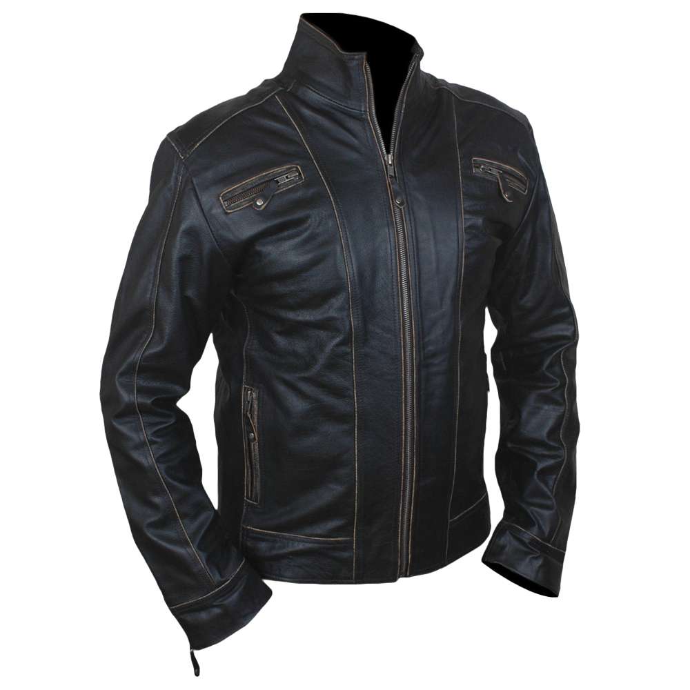 Men Designer Black Leather Motorcycle Jacket | Tailored Fit with Zip Pockets & Panel Stitching