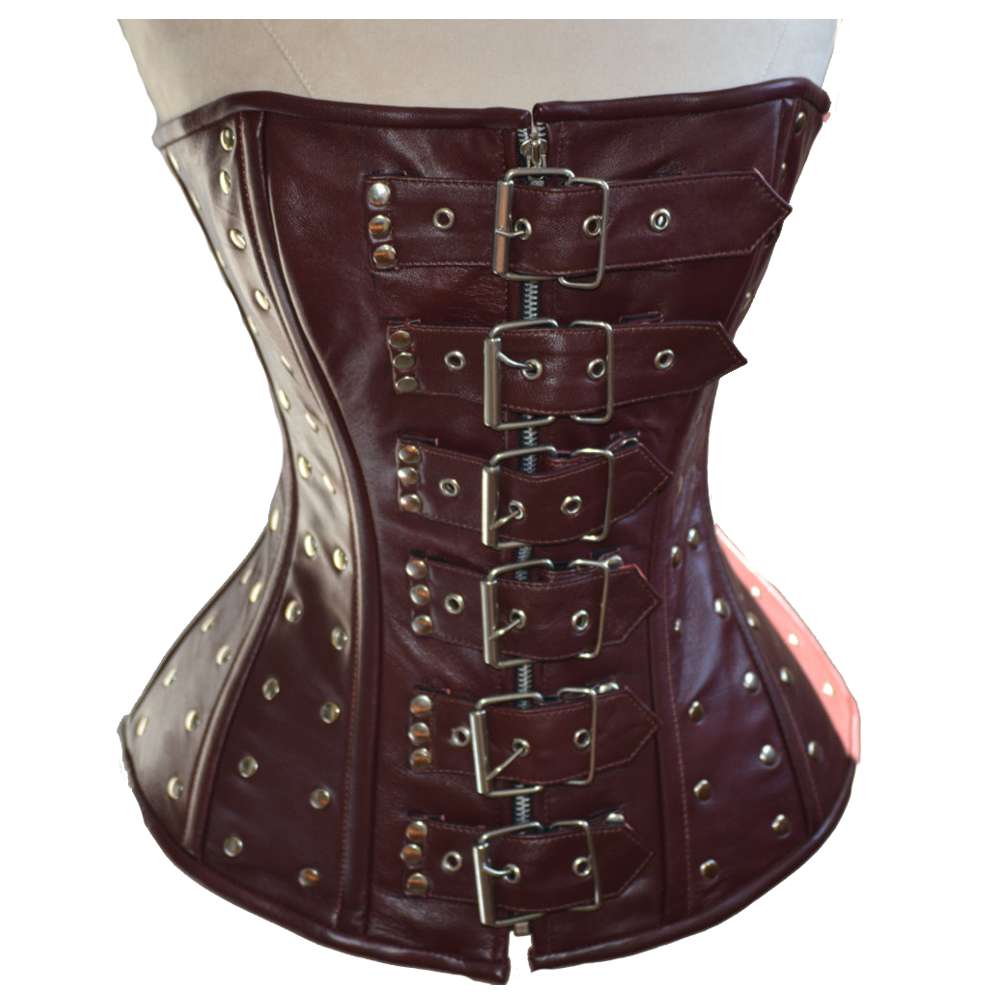 Women Real Sheep Leather Steampunk Corset | Gothic Waist Training Overbust with Belt and Metal Decor
