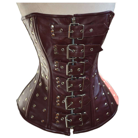 Women Real Sheep Leather Steampunk Corset | Gothic Waist Training Overbust with Belt and Metal Decor