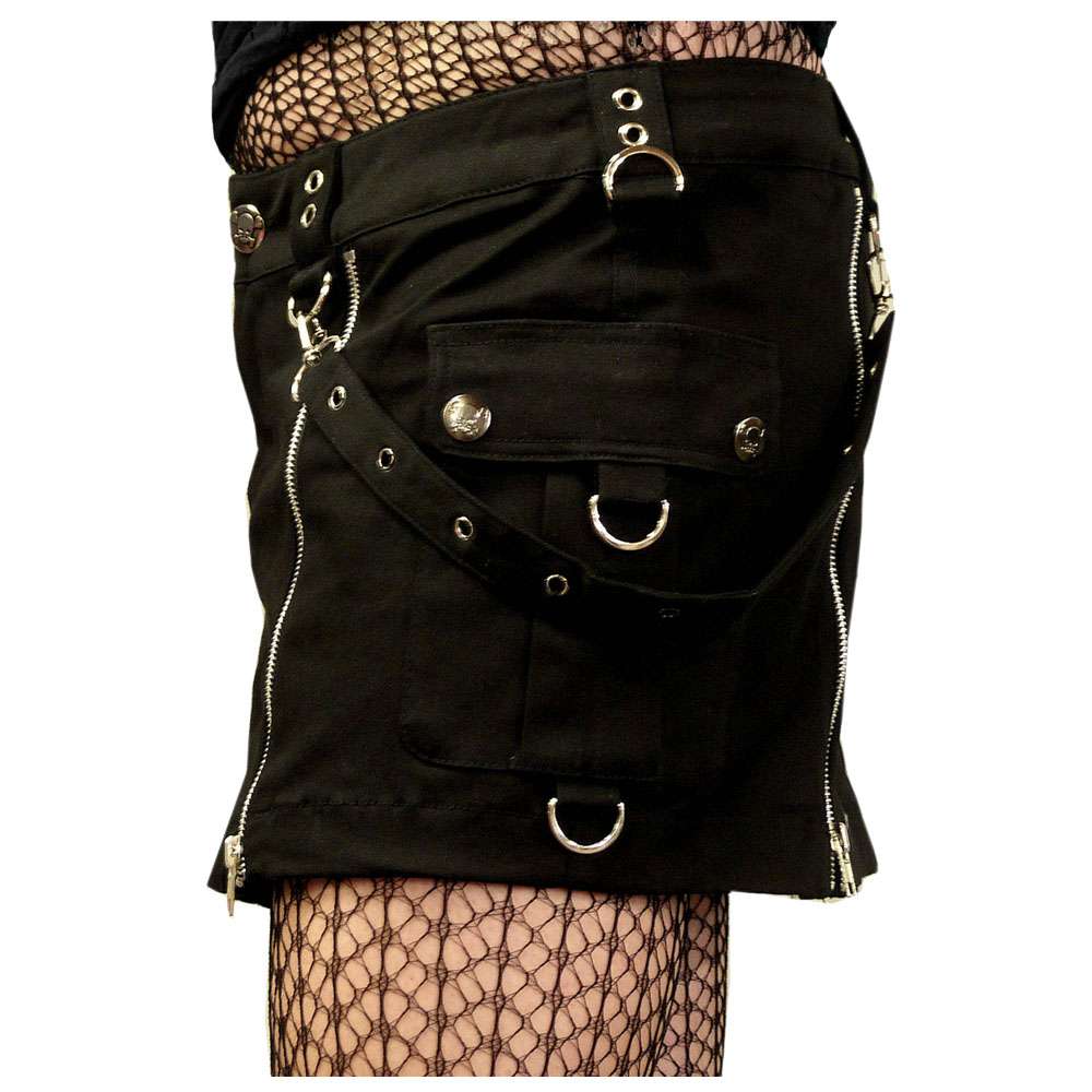 Women Gothic Mini Skirt with Double Zippers | Black Bondage Skirt with Straps & Pouches