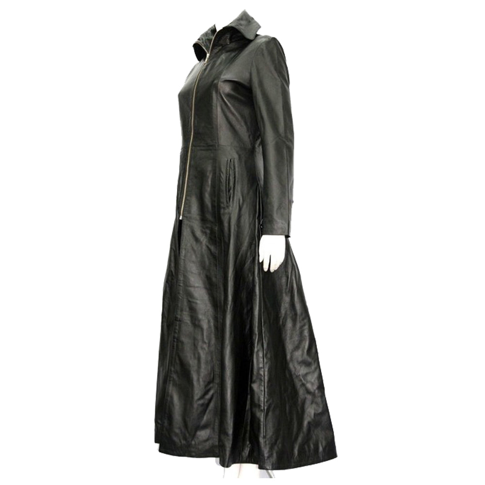 Gothic Attitude Women Full Length Midnight Black Leather Club Coat | Nappa Goth Long Jacket
