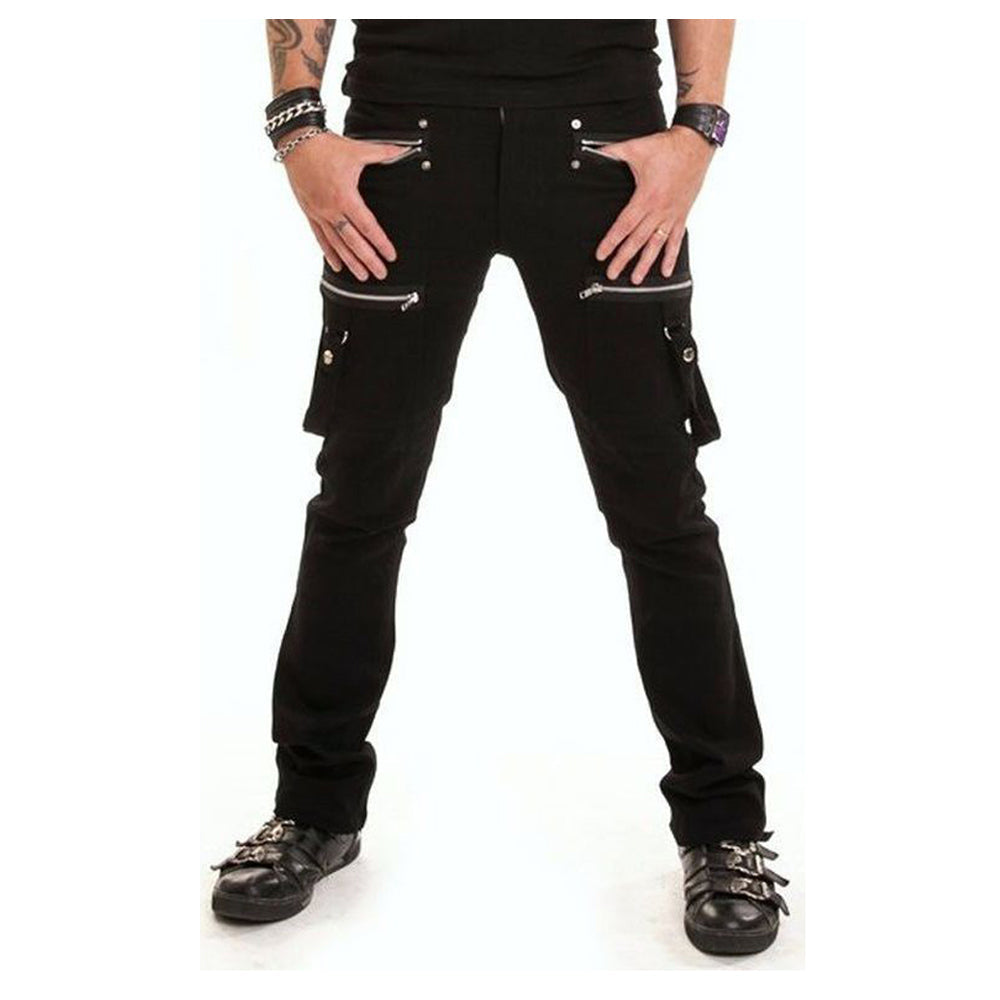 Men Detachable Strap Gothic Pants | Black Slim Fit Zipper Detail Trousers with Chains