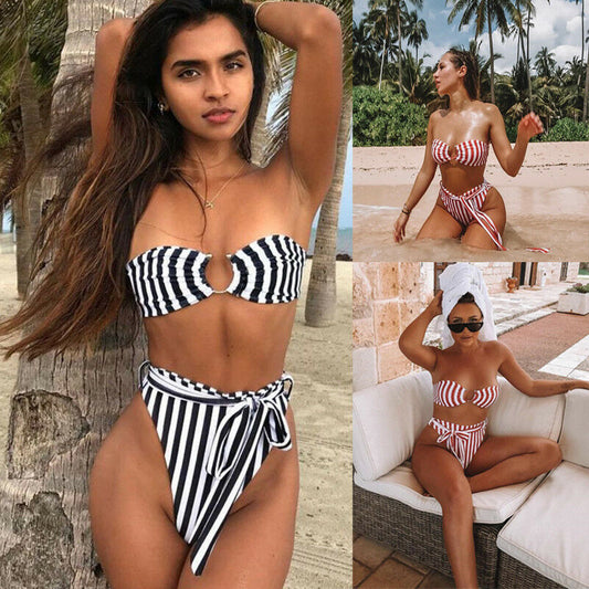Double-sided striped split bikini