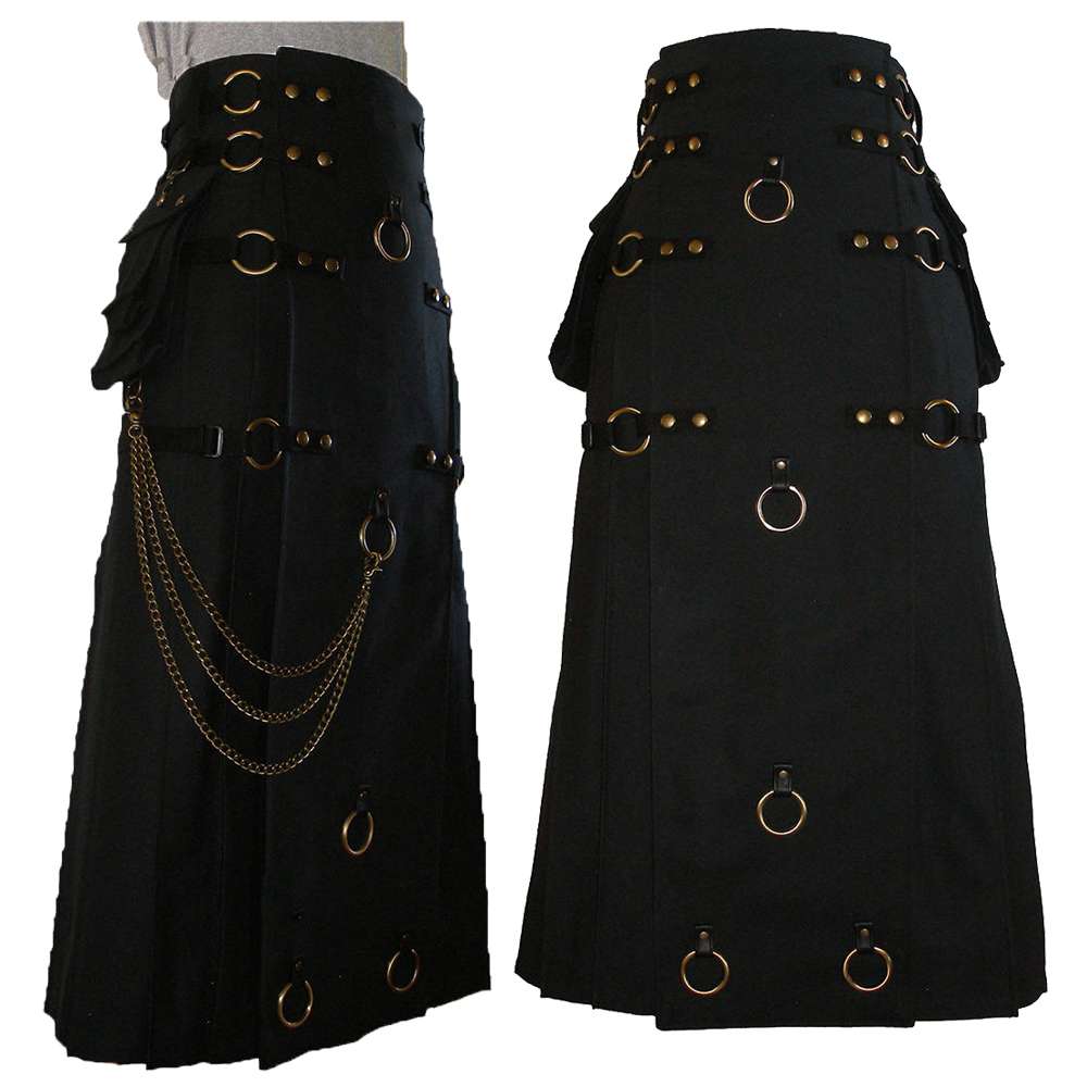 Long Black Gothic Cotton Utility Kilt | Steampunk Design with Leather Straps & Chains