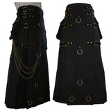 Long Black Gothic Cotton Utility Kilt | Steampunk Design with Leather Straps & Chains