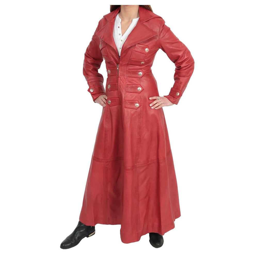 Women Red Leather Military Trench Coat | Real Gothic Full-Length Outerwear