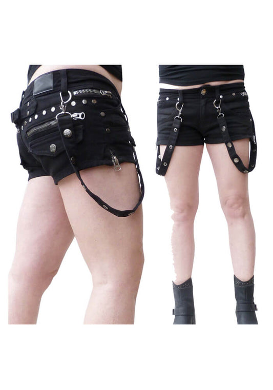 Women Gothic Black Cotton Mini Skirt | Hot Short Style with Zippers, Rivets &amp; Bondage Straps