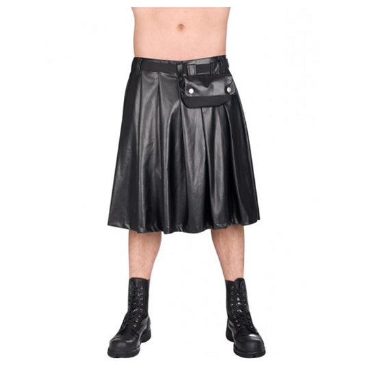 Men Black Sky Short Faux Leather Kilt | Gothic Festival Kilt with Side Pockets & Hardware