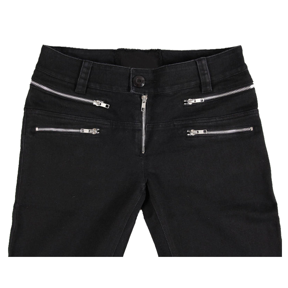 Women Elastic Skinny Goth Pants | Black Zipper Detail Trousers with Metal Ring Accent