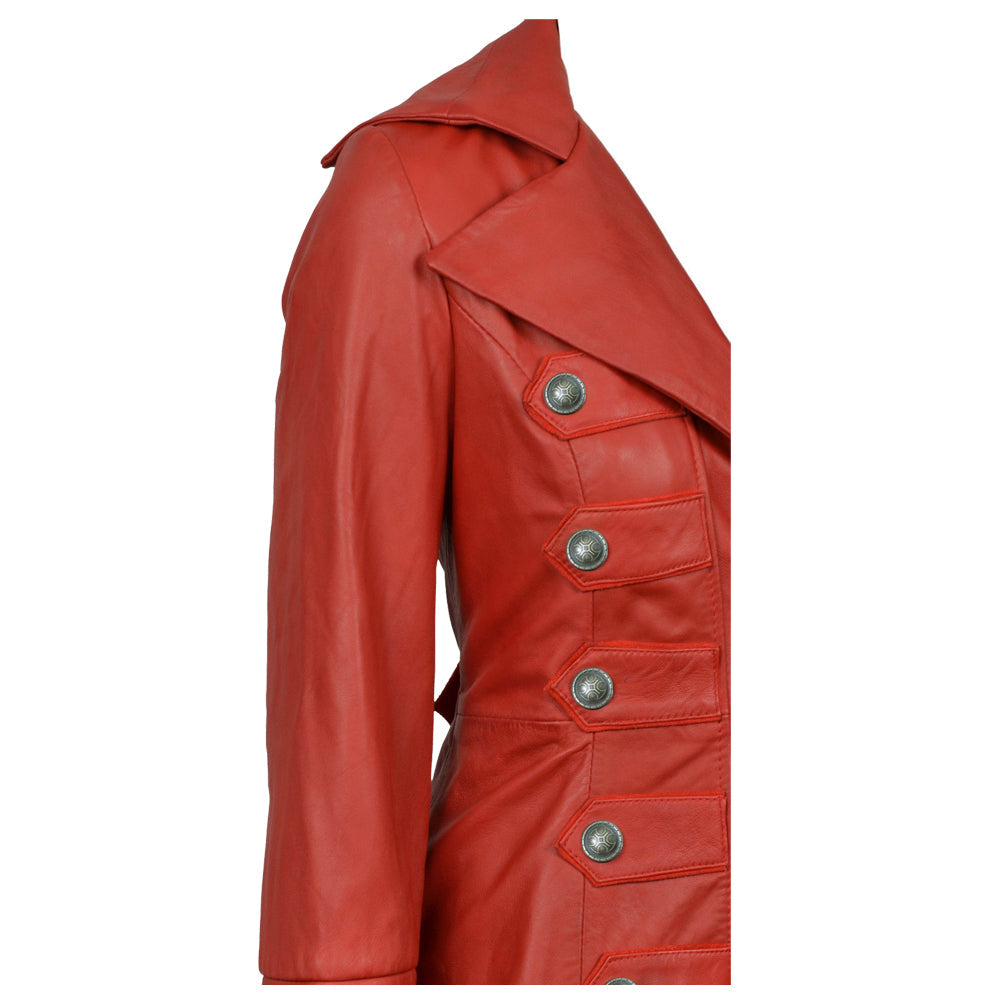 Women Red Leather Military Trench Coat | Real Gothic Full-Length Outerwear