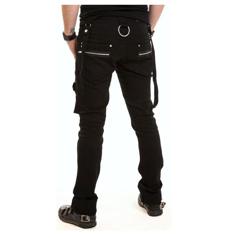 Men Detachable Strap Gothic Pants | Black Slim Fit Zipper Detail Trousers with Chains
