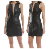 Women Genuine Leather Sexy Black Zip Front Dress | Quilted Leather Mini Sleeveless Dress