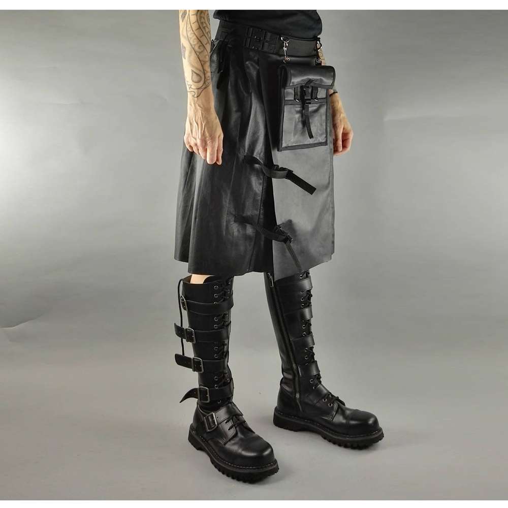 Men Gothic Black Leather Kilt | Steampunk Scottish Biker Style with Metal Hardware