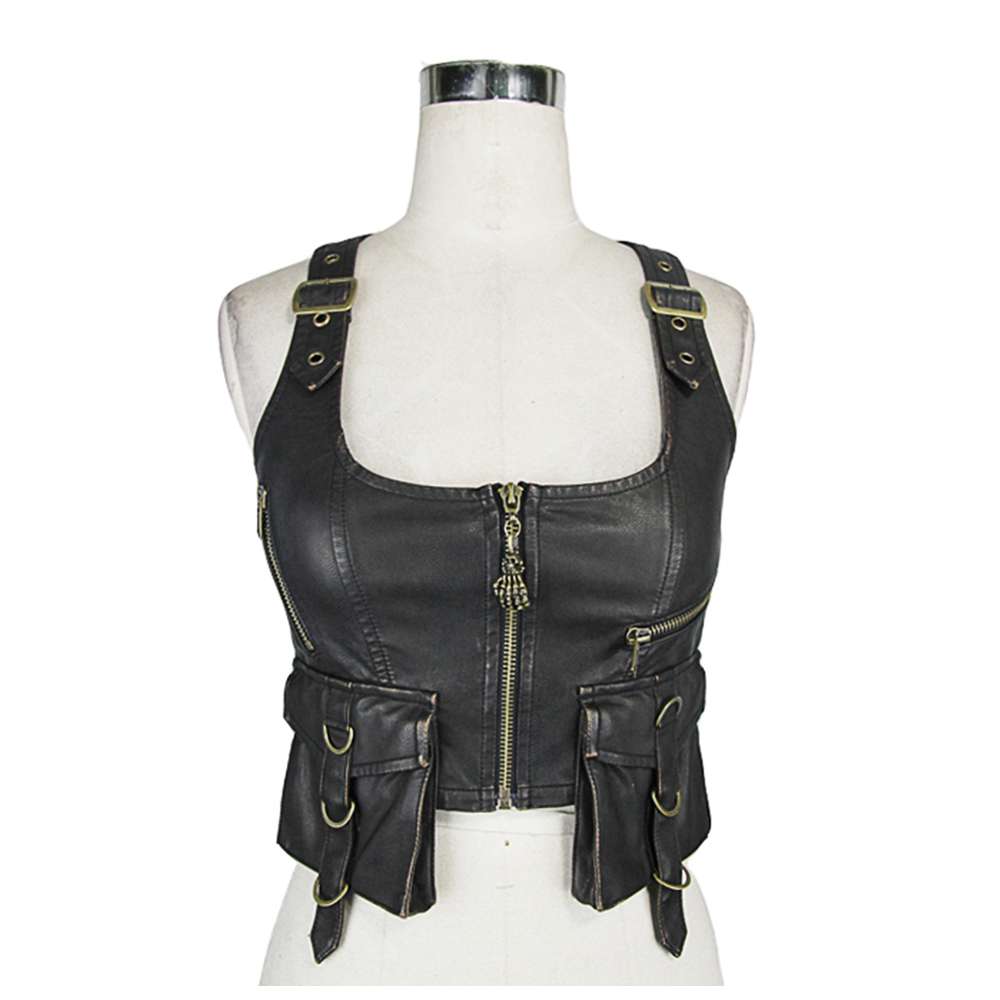 Women PU Leather Vest | Black Short Jacket Coat Motorcycle Waistcoat Punk Rock Military