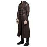 Men Long Black Gothic Coat | Faux Leather Steampunk Rock Trench with Straps & Zipper