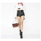 Women Gothic Biker Babe Moto Shorts | High Waist Vegan Leather with Quilted Side Detail