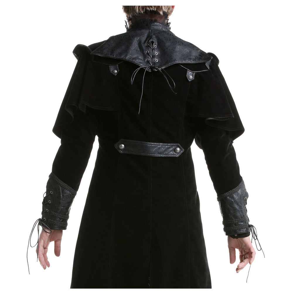 Men Gothic Steampunk VTG Highwayman Long Coat | Black Twill Trench with Faux Leather Cape & Straps