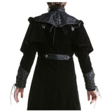 Men Gothic Steampunk VTG Highwayman Long Coat | Black Twill Trench with Faux Leather Cape & Straps