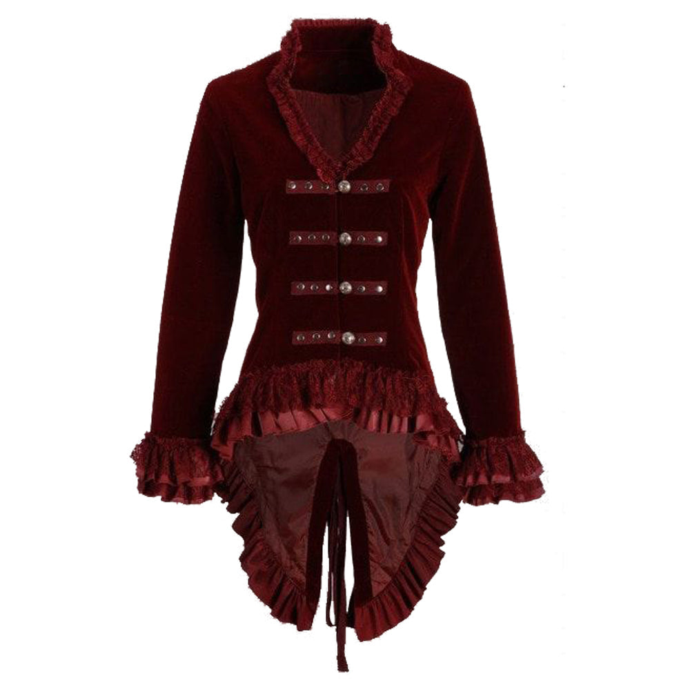 Women Hearts & Roses Ruffled Dovetail Velvet Victorian Coat | Gothic Ladies Tailcoat