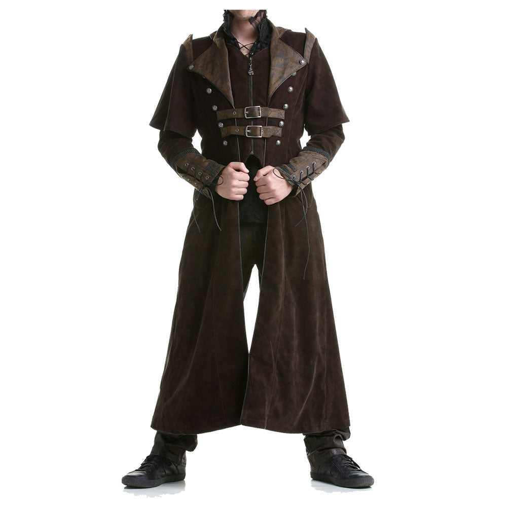 Men Steampunk Brown Velvet Coat | VTG Regency Highwayman Full-Length Frock with Faux Leather Details