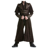 Men Steampunk Brown Velvet Coat | VTG Regency Highwayman Full-Length Frock with Faux Leather Details