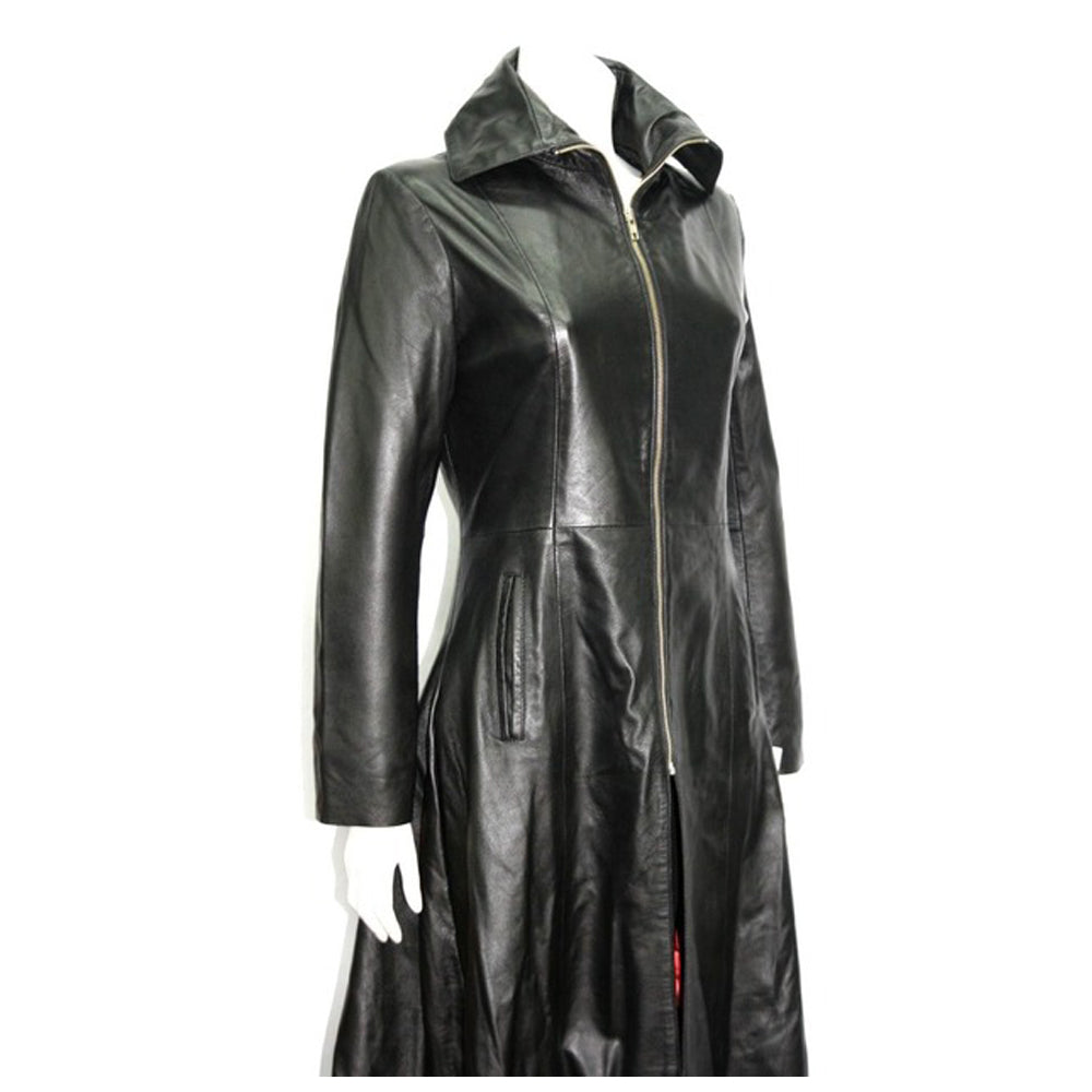 Gothic Attitude Women Full Length Midnight Black Leather Club Coat | Nappa Goth Long Jacket