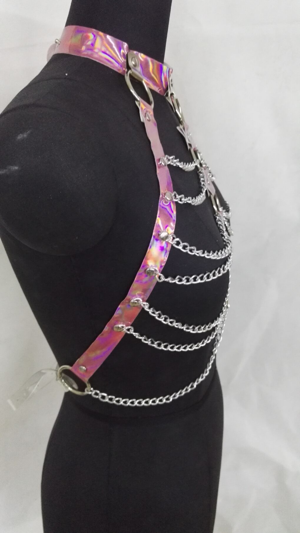 Women Halter Color Body Harness Bondage Party Chain Belt Festival Rave Costume Clubwear Holographic Belt Pastel Goth Top - Alternative Gothic Dark Wear | Embrace Dark Aesthetic Men & Women Gothic Clothing