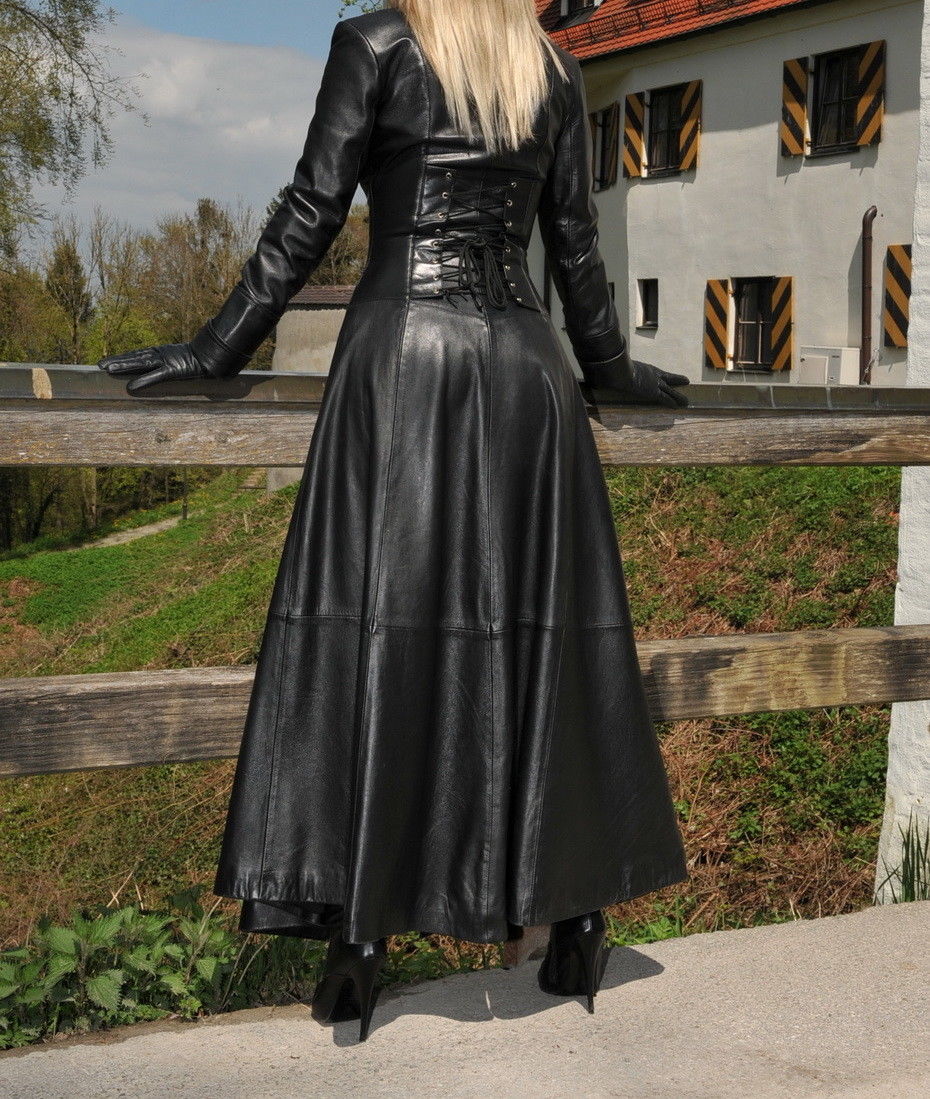 Gothic Attitude Women Victorian Full Length Black Leather Trench Coat | Corset Back