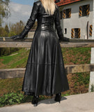 Gothic Attitude Women Victorian Full Length Black Leather Trench Coat | Corset Back